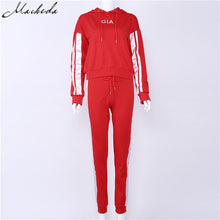 Load image into Gallery viewer, 2 piece set women White Red Casual Sweat Pants Hooded Sweatshirt
