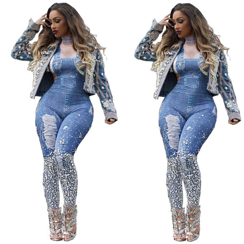 Women Fashion Sexy Plus Size Print Jeans Rompers Strap Pocket Denim Casual - nevaehshalo