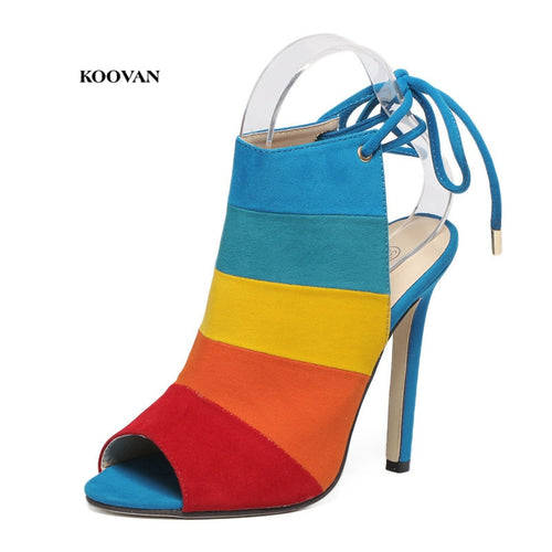 Koovan Women's Shoes Pumps Heeled Shoes High-heeled Rainbow Color Mixed with Fish Mouth Sandals Colors Pumps Size 40 - nevaehshalo