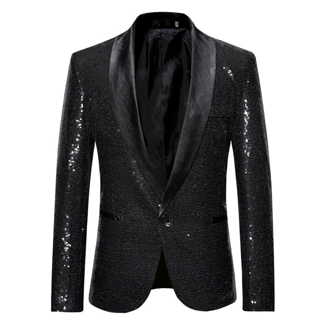 Black Sequin One Button Shawl Collar Suit Jacket Men Bling Glitter Nightclub Prom DJ Blazer Jacket Men Stage Clothes for Singers - nevaehshalo