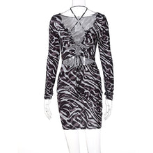 Load image into Gallery viewer, Dulzura Zebra Print Women Lace Up Long Sleeve Mini Dress V Neck - nevaehshalo
