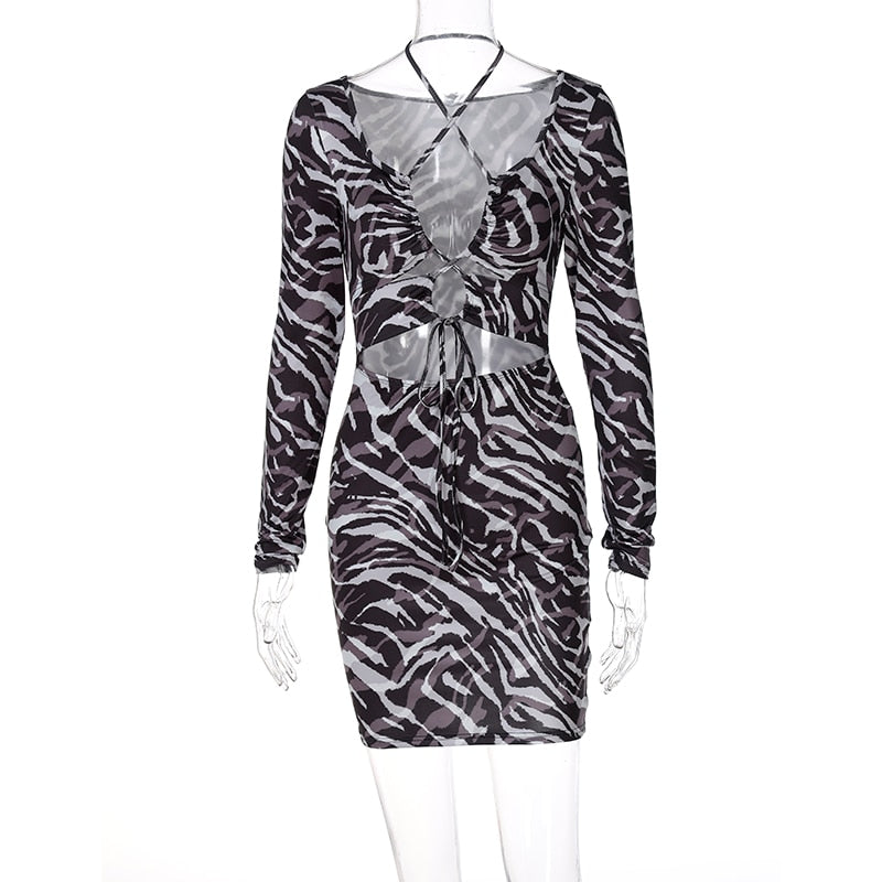 Dulzura Zebra Print Women Lace Up Long Sleeve Mini Dress V Neck - nevaehshalo