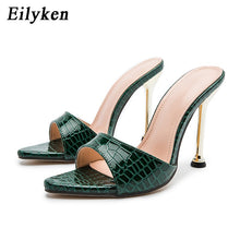 Load image into Gallery viewer, Eilyken Summer New Women Slippers Snake Print Mule High Heels Shoes Sandals Sexy Pointed Toe Metal Heel Slides Party Dress Shoes - nevaehshalo
