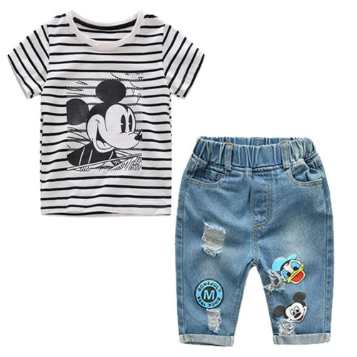 Boys and Girls Summer Cartoon Striped T Shirt + Denim Shorts - nevaehshalo