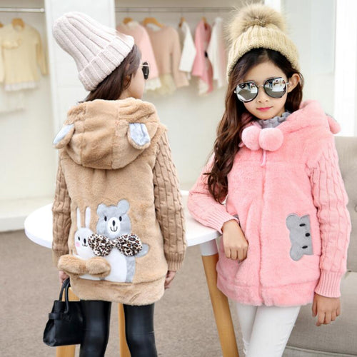 Lovely little bear Winter Girls clothing Faux Fur Fleece Coat Warm Jacket Xmas Snowsuit Outerwear Children kids Clothes parka - nevaehshalo