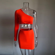 Load image into Gallery viewer, women  one shoulder orange and green two pieces sets sexy tops and skirts - nevaehshalo
