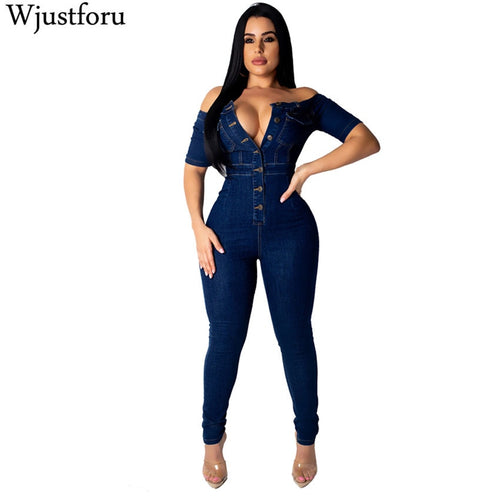 Fashion Denim Jumpsuit Women Wide Leg Spaghetti Strap Bodycon Jumpsuit Bandage Rompers Womens Jumpsuit Slim Female - nevaehshalo