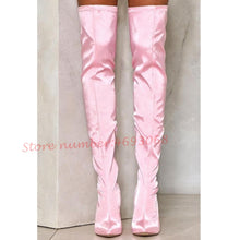 Load image into Gallery viewer, Candy Pink Satin Thigh High Boots Women  Shiny
