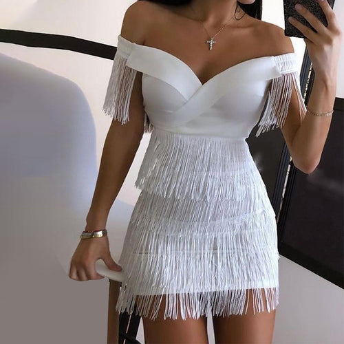 Sexy Sleeveless  Mini Dress Women White Off Shoulder Tassel  Short Dresses - nevaehshalo