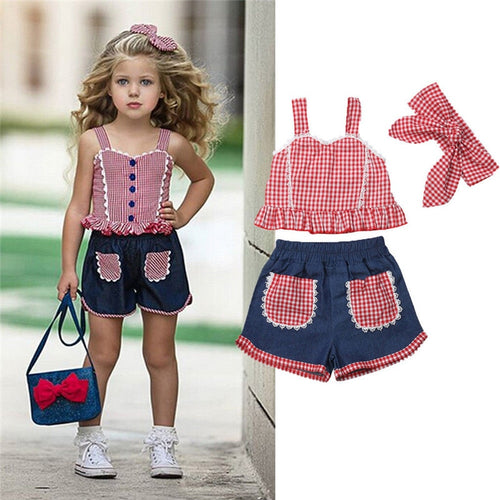 Children girls clothes  Summer Girl Outfits teenage girls clothing Crop Top Denim Shorts Headband - nevaehshalo