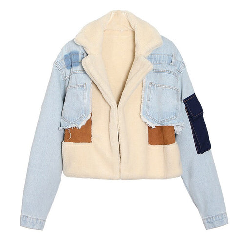 Plush thick denim stitching faux lamb wool lapel cotton jacket ladies jacket - nevaehshalo