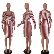 Load image into Gallery viewer, Women  Striped Shirt Dress With Sashes Side High Slit
