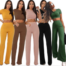 Load image into Gallery viewer, Women knitted long sleeve o-neck crop top wide leg pants 2 piece set for female women tops pants two pieces sets women&#39;s suits - nevaehshalo
