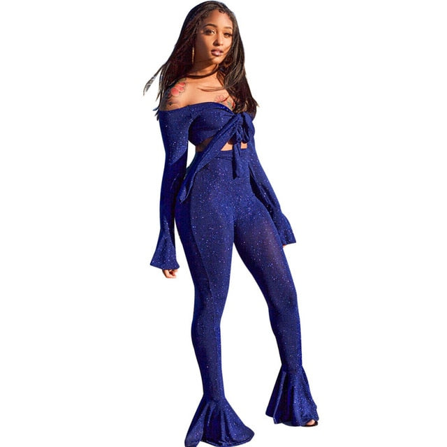 Sexy Woman Shining Wire 2 Piece Suit Tie Bow Off Shoulder Flare Sleeve Top And Skinny Pants High Stretchy Bell bottoms Outfits - nevaehshalo