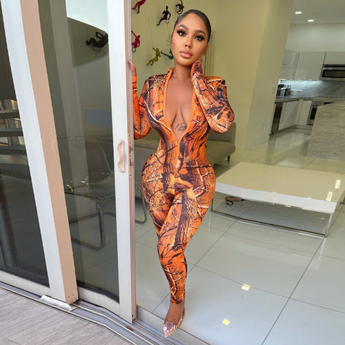 Long Sleeve Print Zip Up Skinny  Jumpsuit  Women Fashion Sexy Streetwear - nevaehshalo