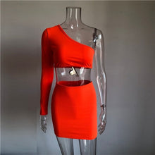 Load image into Gallery viewer, women  one shoulder orange and green two pieces sets sexy tops and skirts - nevaehshalo
