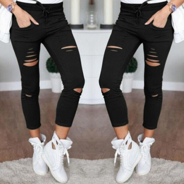 Skinny Jeans Women Denim Pants Holes Destroyed Knee Pencil Pants Casual Trousers Black White Stretch Ripped Jeans - nevaehshalo