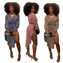 Load image into Gallery viewer, Women  Striped Shirt Dress With Sashes Side High Slit
