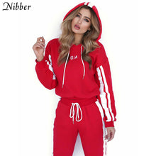 Load image into Gallery viewer, 2 piece set women White Red Casual Sweat Pants Hooded Sweatshirt
