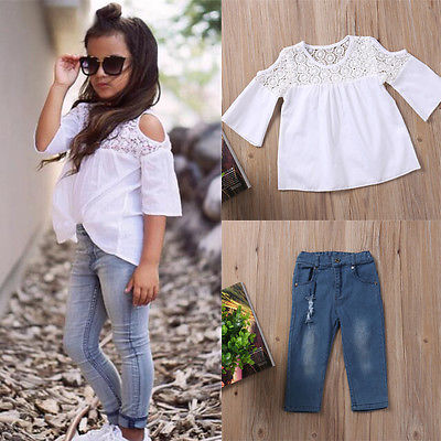 Kids Girls Summer Lace Tops T-Shirt+Denim Jeans Pants Outfits Set - nevaehshalo