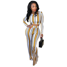 Load image into Gallery viewer, Sexy 2 two piece set top and pants autumn outfits tracksuit women long sleeve wide leg pants striped print - nevaehshalo
