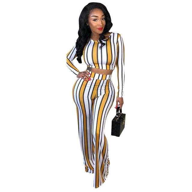 Sexy 2 two piece set top and pants autumn outfits tracksuit women long sleeve wide leg pants striped print - nevaehshalo