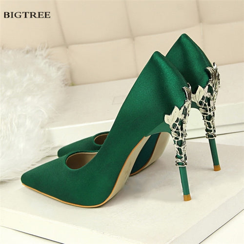 Metal Heel Flower High Shoes Silk Elegant Pumps Women Heels Shoes - nevaehshalo