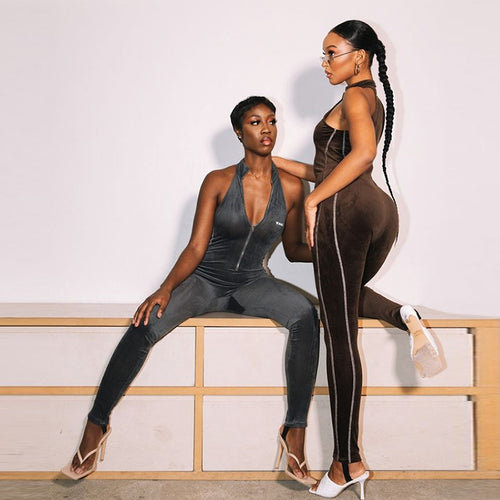 Velvet Fitness Zipper Sleeveless Stripe Long Jumpsuit For Women - nevaehshalo