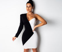 Load image into Gallery viewer, Women  One Shoulder V-neck Sexy Splicing Above Knee Mini Dress
