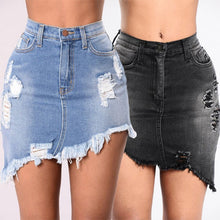 Load image into Gallery viewer, Black/Blue Wash Denim Ripped Tassel  Hips Mini Skirts High Waist - nevaehshalo
