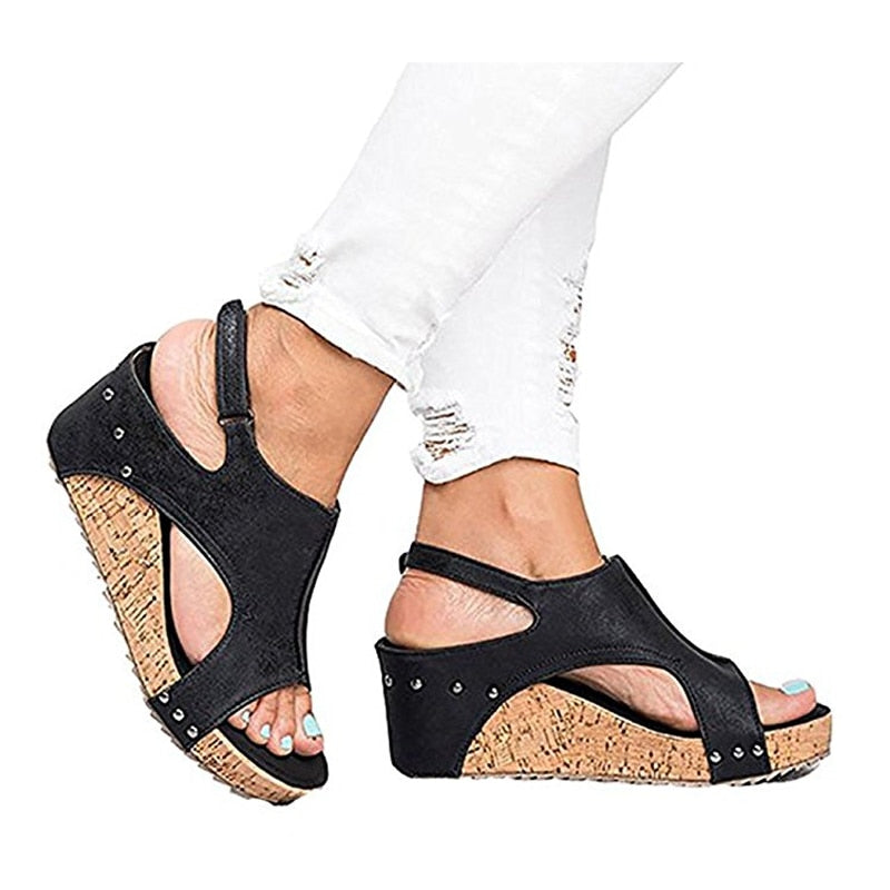 Buzzyfuzzy 2018 Women's Sandals Peep Toe PU Belt Buckle Blocking Hook-Loop Fashion Wedges Sandals Summer Shoes - nevaehshalo