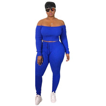 Load image into Gallery viewer, Two Piece Set Autumn Outfits Tracksuit Women Blue Ribbed Striped Slash Neck Short Tops Pencil  Pants - nevaehshalo
