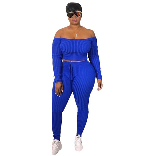 Two Piece Set Autumn Outfits Tracksuit Women Blue Ribbed Striped Slash Neck Short Tops Pencil  Pants - nevaehshalo