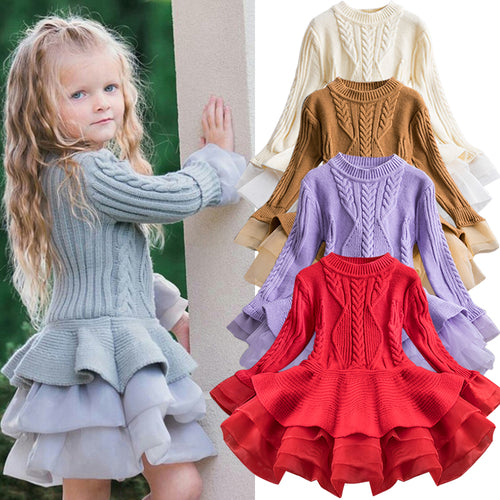 Winter Knitted Chiffon Girl Dress Christmas Party Long Sleeve Children Clothes Kids Dresses For Girls New Year Clothing - nevaehshalo