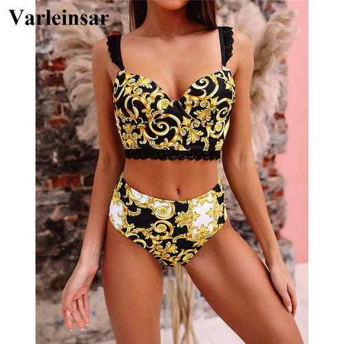 New Sexy High Waist Bikini Women Swimwear Two-pieces Bikini set With Lace Straps Bather Bathing Suit - nevaehshalo