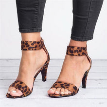 Load image into Gallery viewer, Women Flock Square Heel Sandals Leopard High Heels Buckle Strap Female Ladies Woman Sandal Shoes Girls - nevaehshalo
