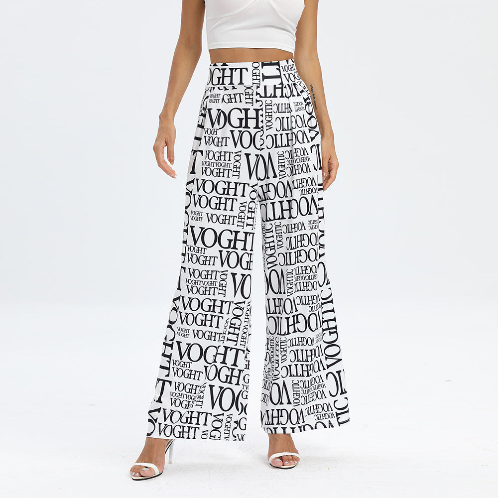 Women's  Letter Print Elastic Waist Wide Leg Pants Casual