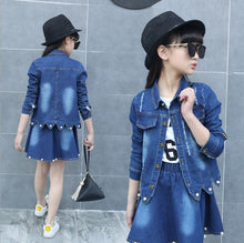 Load image into Gallery viewer, Children Clothing Set Boutique Outfits Long Sleeve Denim Jacket Beaded Denim Skirt Two Piece Teenage Girls Clothes 10 12 Years - nevaehshalo
