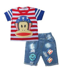 Load image into Gallery viewer, Boys and Girls Summer Cartoon Striped T Shirt + Denim Shorts - nevaehshalo
