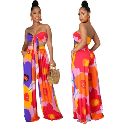 Dashiki  African Clothes for Women Floral Printing  Tube Top & Pants V-Neck 2-Piece - nevaehshalo