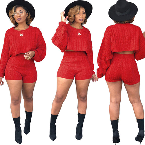 Women Knitted Sweaters Two Piece Set O Neck Long Sleeve Loose Crop Top High Waist Shorts - nevaehshalo