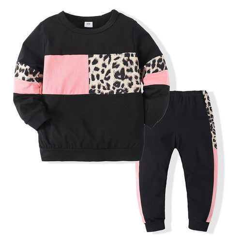 Sports children's clothing spring new girls long-sleeved leopard print T-shirt casual two-piece suit - nevaehshalo