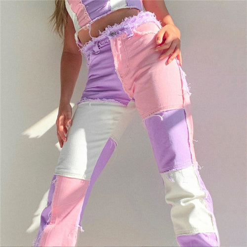 Color Hip Hop Trousers Women High Waist Street Wear Tassel Jeans - nevaehshalo