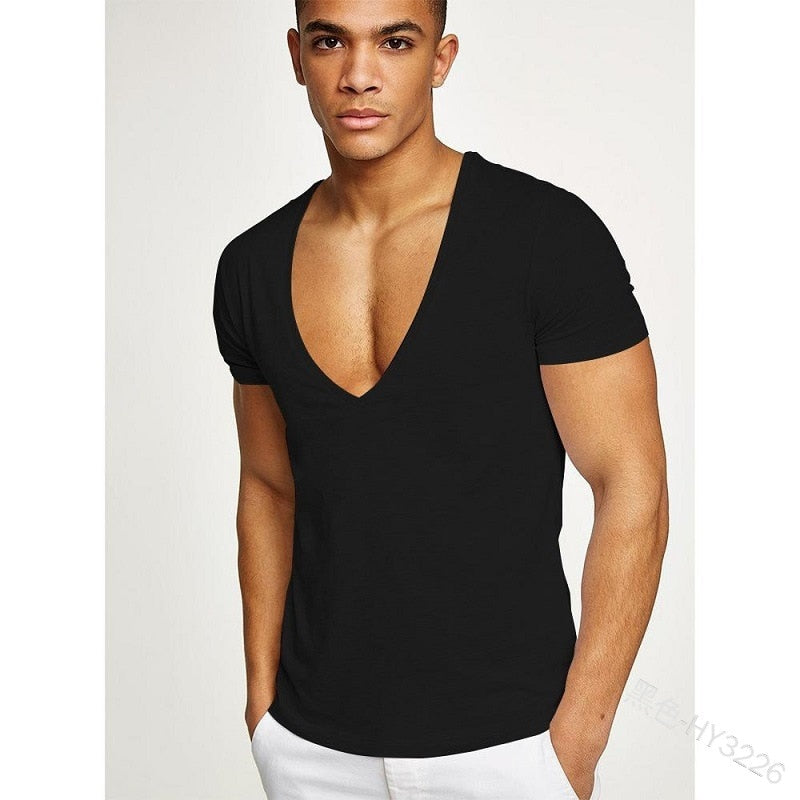 Wepbel Deep V Short Sleeve T-shirt Men's Sports Large V-neck Slim Tight T-shirt Solid Color Plus Size Tops Summer Men Tops - nevaehshalo