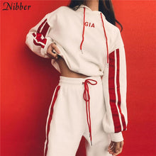 Load image into Gallery viewer, 2 piece set women White Red Casual Sweat Pants Hooded Sweatshirt
