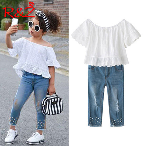 Girls Set Lace One Word Collar T-shirt Pearl Jeans Two-piece - nevaehshalo