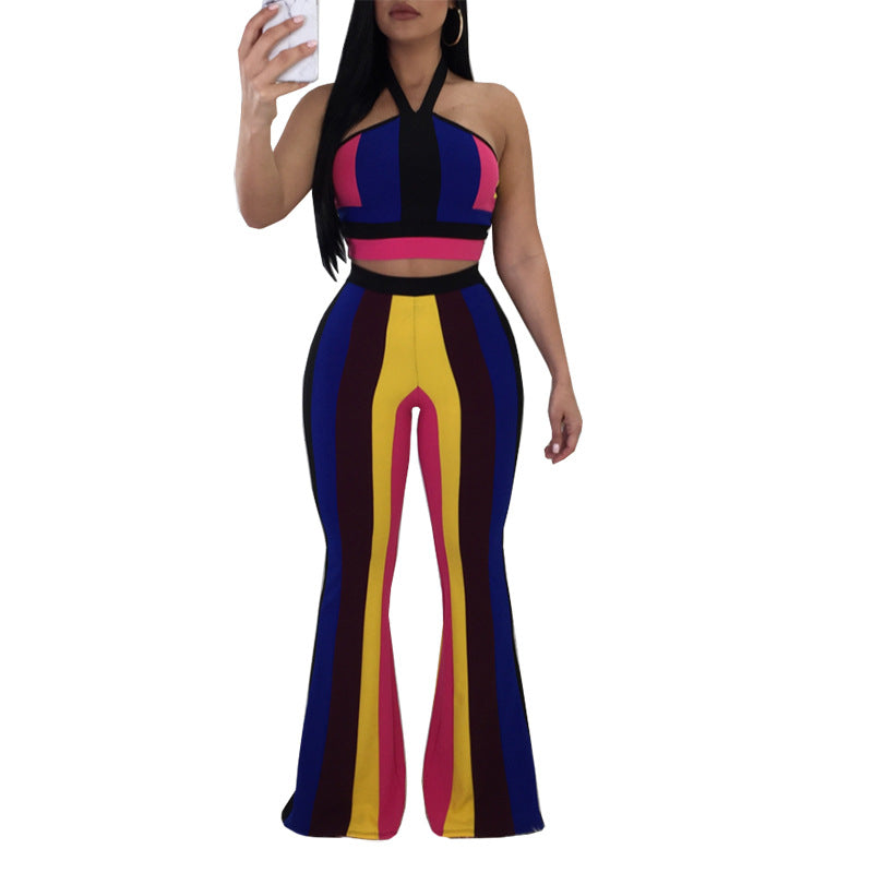 Sexy Rainbow Wide Leg Pants Set Sling Short Top Two Piece Set  Summer Clothes Women's Suit - nevaehshalo