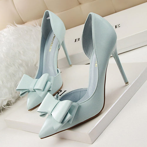 Fashion delicate sweet bowknot high heel shoes side hollow pointed Stiletto Heels Shoes women pumps - nevaehshalo