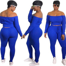 Load image into Gallery viewer, Two Piece Set Autumn Outfits Tracksuit Women Blue Ribbed Striped Slash Neck Short Tops Pencil  Pants - nevaehshalo
