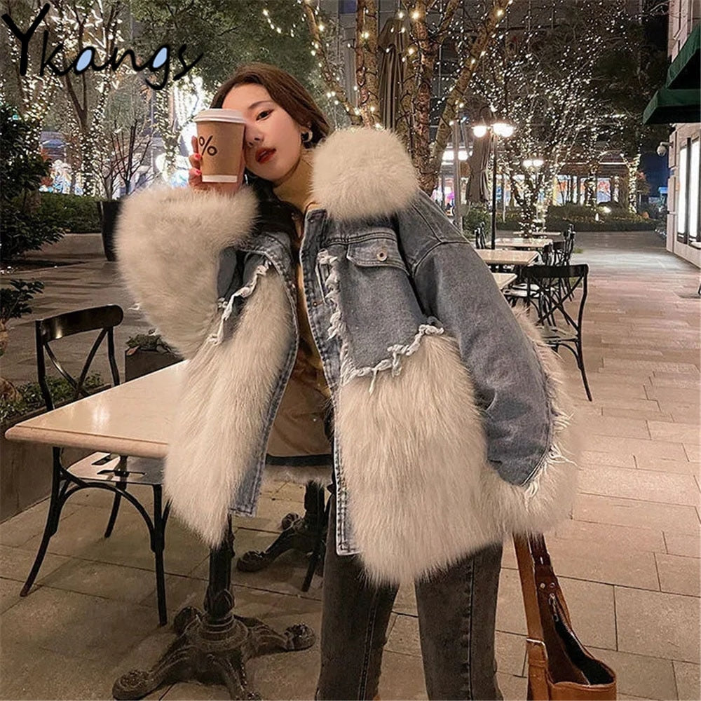 Winter New Denim Stitching Fur Coat